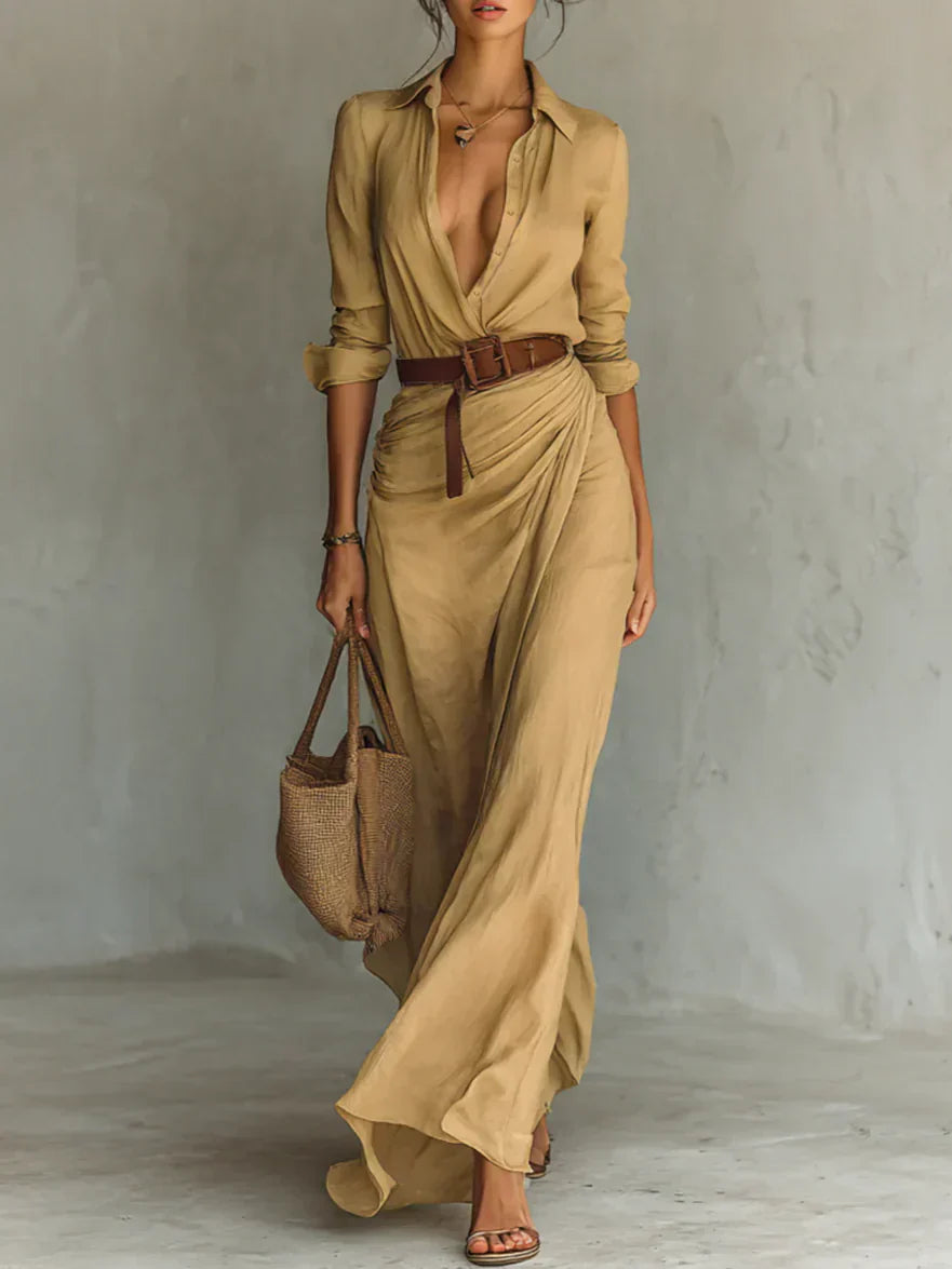 Camille | Vestido maxi con solapa y cinturón